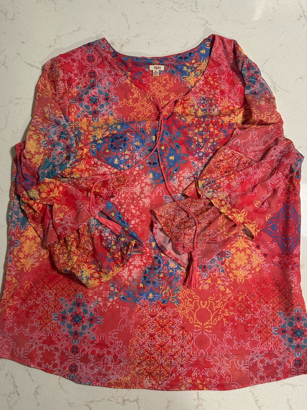 Reba Red Multicolor Floral Tie-Neck Blouse